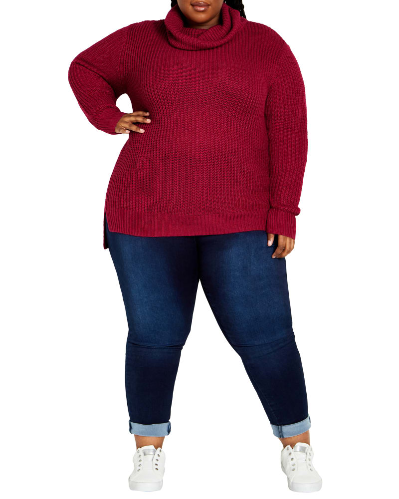 Front of a model wearing a size 18/20 SWEATER ROLL NECK in Pink by avenue. | dia_product_style_image_id:320386